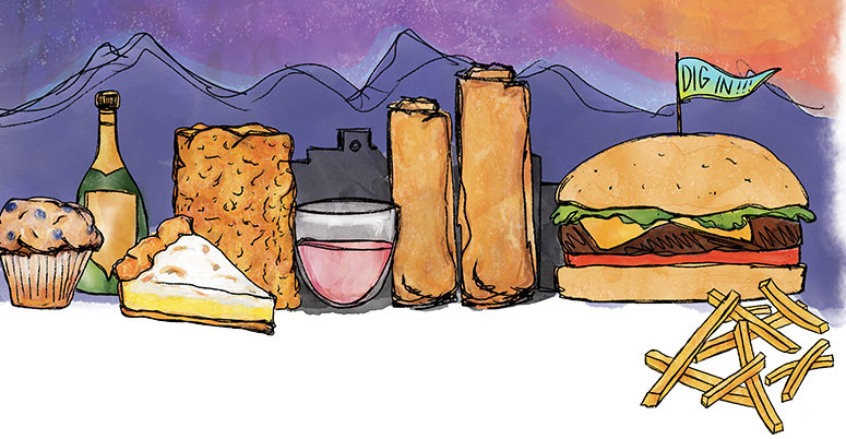 Illustration of various foods with a hillside in the background.