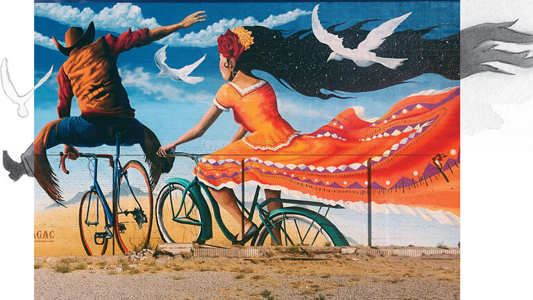 Photo and illustration of mural of man and woman rider bicycles