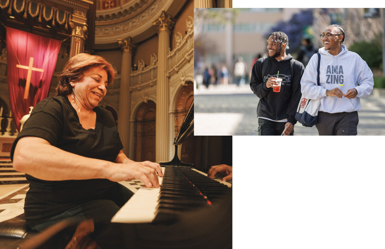 Photos of a woman playing the piano and students walking on campus