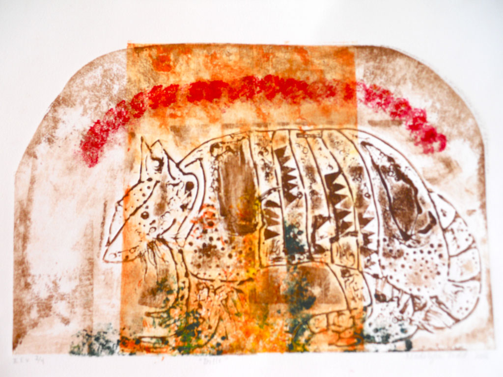 A colorful, abstract print depicting an armadillo