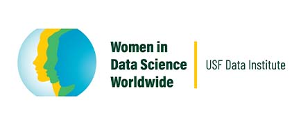 Text that says "Women in Data Science Worldwide" and "USF Data Institute" next to a circular visual of a person's side profile