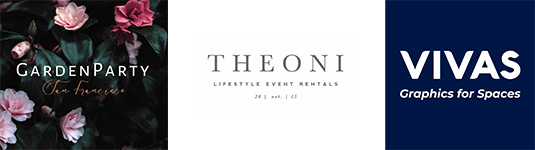 Garden Party SF, Theoni Lifestyle Event Rentals, VIVAS Graphics for Spaces logos