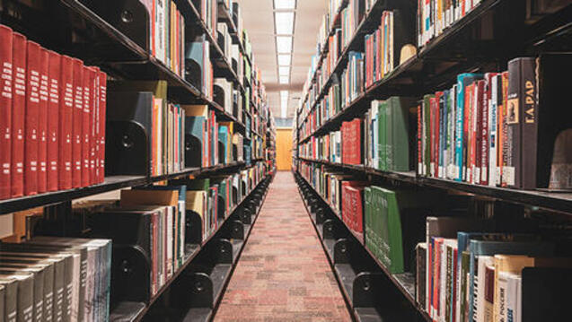 Rows of library bookshelves