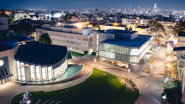 Aerial view of Gleeson Library at night