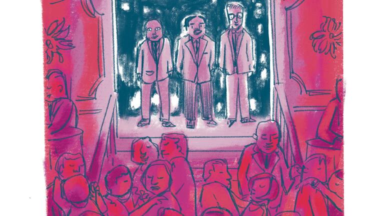 Three men walking into a nightclub