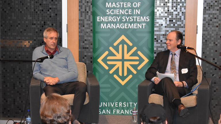 Professor Williams interviews guest speaker David Hochschild, Commissioner at California Energy Commission, during ESM’s annual spring speaker series.