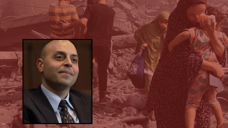 Profile picture of guest speaker with backdrop of Gaza war