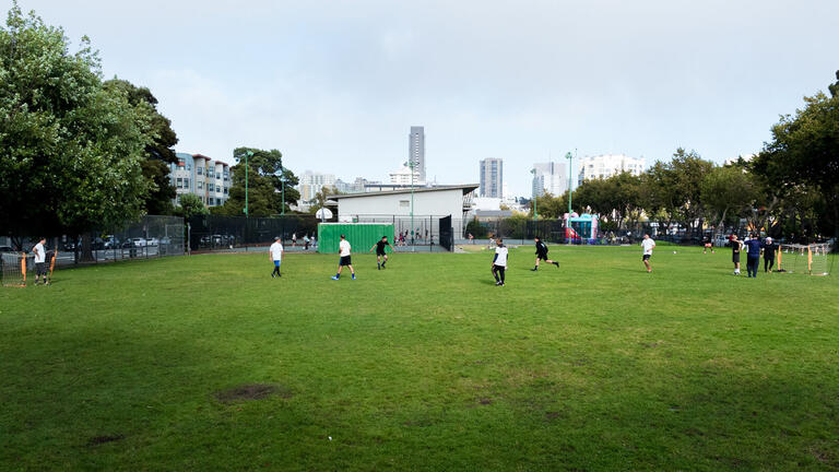 Wide view of soccer field.