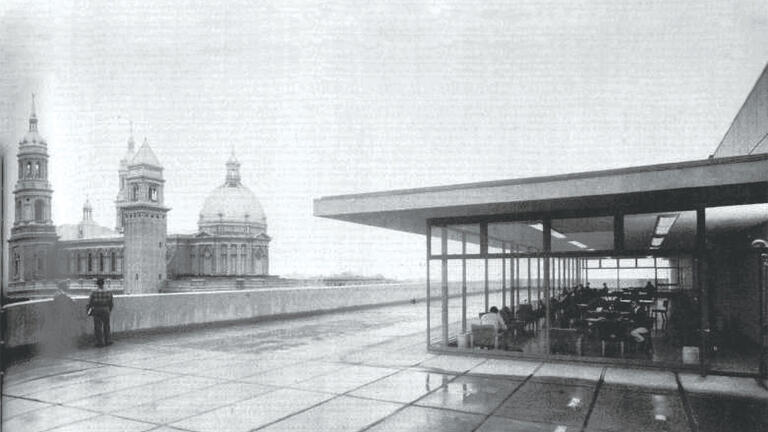 Students take in views of St. Ignatius’ dome and spires while studying at Gleeson Library (1952).