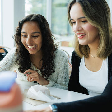 Two students look at a laptop at lunch