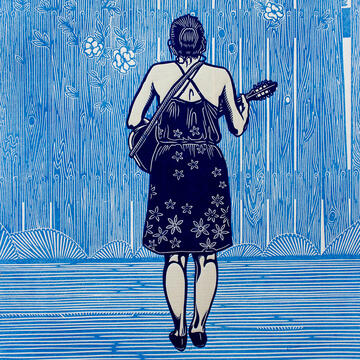 blue toned artwork of woman holding guitar from behind