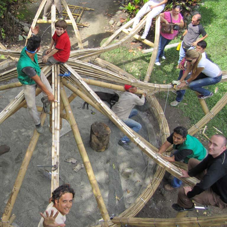 the break shelter built out of 5” to 6” diameter timber bamboo