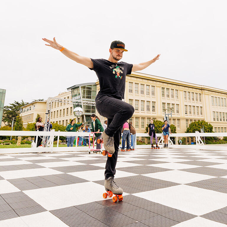 student balancing on skates